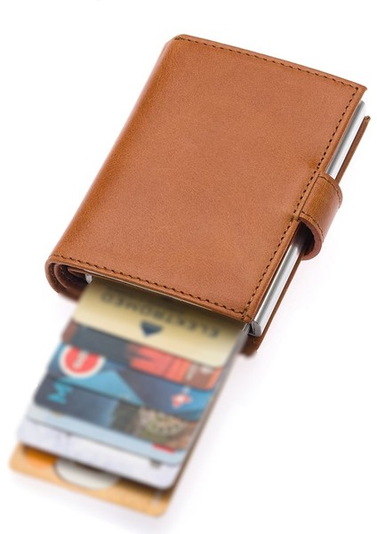 Hakiki Eskitme Deri Mekanizmalı, Kağıt Para Bölmeli ve Patlı Unisex Cüzdan Kartlık - Taba