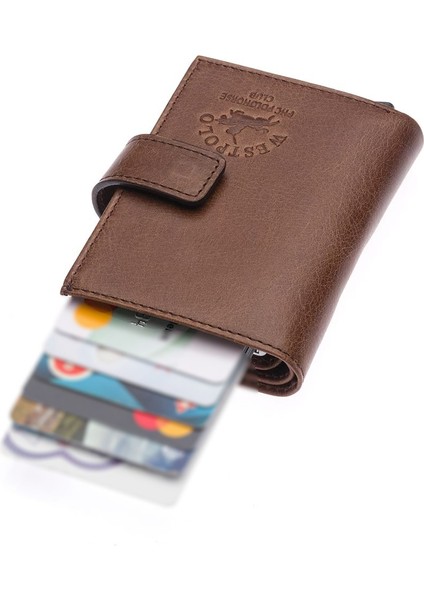Hakiki Eskitme Deri Mekanizmalı, Kağıt Para Bölmeli ve Patlı Unisex Cüzdan Kartlık-Tg Kahve