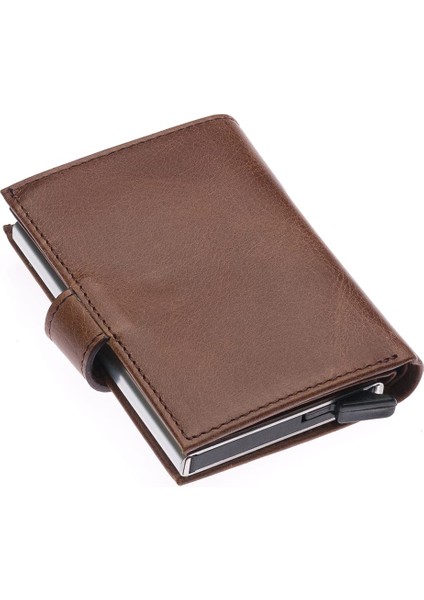 Hakiki Eskitme Deri Mekanizmalı, Kağıt Para Bölmeli ve Patlı Unisex Cüzdan Kartlık-Tg Kahve