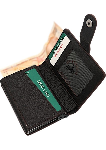 Hakiki Deri Mekanizmalı Bol Kart Bölmeli Patlı Unisex Cüzdan - Kahverengi fırsatları