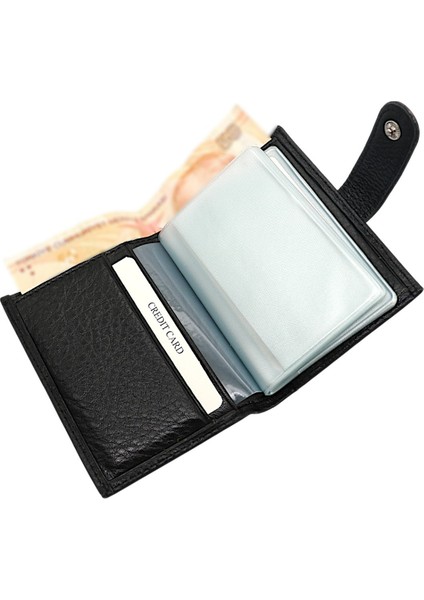 Hakiki Deri Kağıt Para ve Bol Şeffaf Kart Bölmeli Patlı Unisex Kartlık - Siyah modelleri