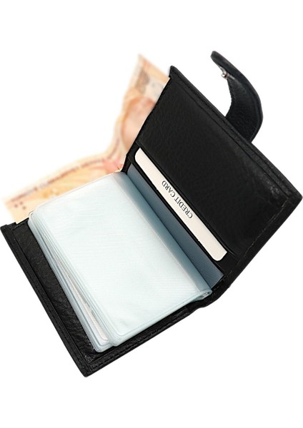Hakiki Deri Kağıt Para ve Bol Şeffaf Kart Bölmeli Patlı Unisex Kartlık - Siyah indirimleri