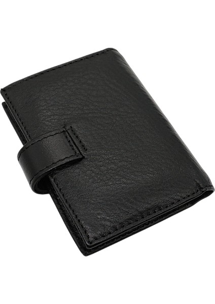 Hakiki Deri Kağıt Para ve Bol Şeffaf Kart Bölmeli Patlı Unisex Kartlık - Siyah