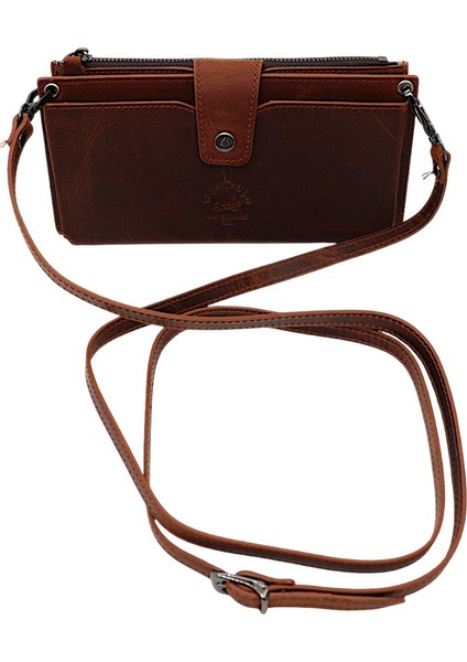 Hakiki Eskitme Deri El ve Omuz Askılı El Bandlı ve Telefon Bölmeli Kadın Cüzdanı - G2 Taba