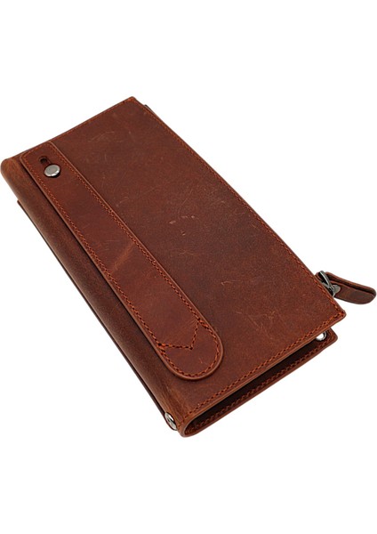 Hakiki Eskitme Deri El ve Omuz Askılı El Bandlı ve Telefon Bölmeli Kadın Cüzdanı - G2 Taba