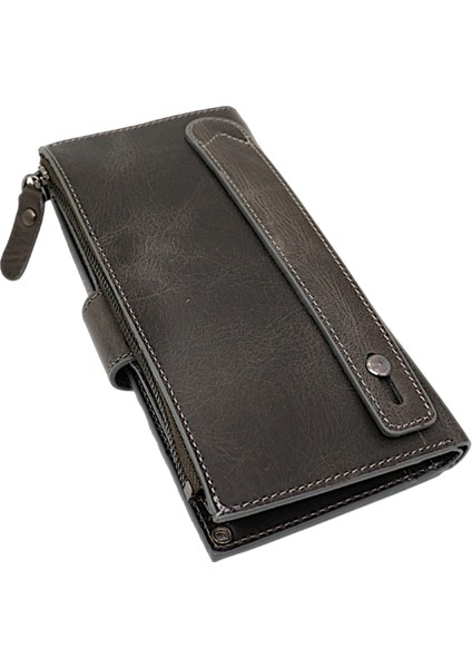 Hakiki Eskitme Deri El ve Omuz Askılı El Bandlı ve Telefon Bölmeli Kadın Cüzdanı - Gri