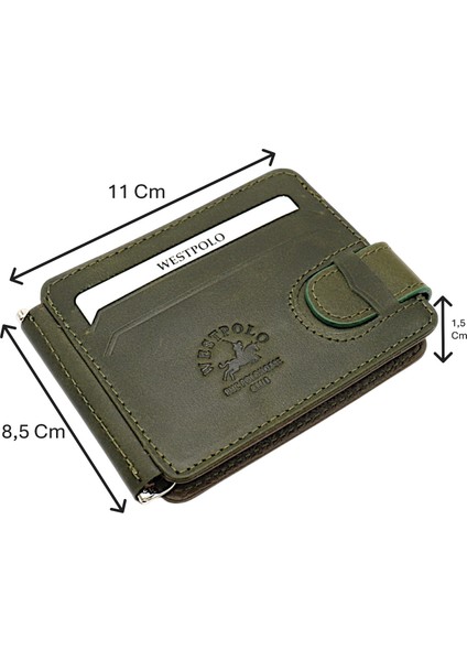 Hakiki Eskitme Deri Kuşaklı Kağıt Para Klipsli Unisex Kartlık - Yeşil-Haki