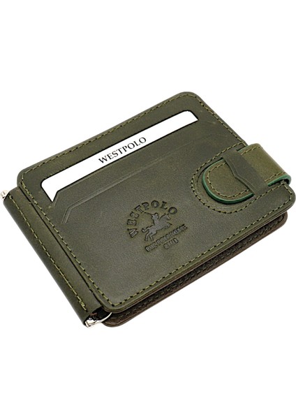 Hakiki Eskitme Deri Kuşaklı Kağıt Para Klipsli Unisex Kartlık - Yeşil-Haki fiyatları