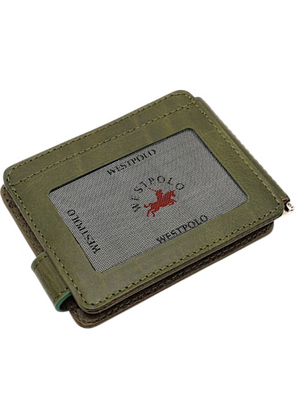 Hakiki Eskitme Deri Kuşaklı Kağıt Para Klipsli Unisex Kartlık - Yeşil-Haki indirimleri