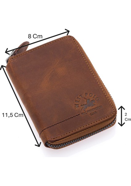 Hakiki Eskitme Deri Kağıt Para ve Bol Kart Bölmeli Fermuarlı Unisex Cüzdan - G2 Taba