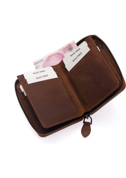 Hakiki Eskitme Deri Kağıt Para ve Bol Kart Bölmeli Fermuarlı Unisex Cüzdan - G2 Taba modelleri