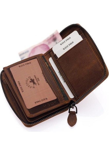 Hakiki Eskitme Deri Kağıt Para ve Bol Kart Bölmeli Fermuarlı Unisex Cüzdan - G2 Taba fırsatları