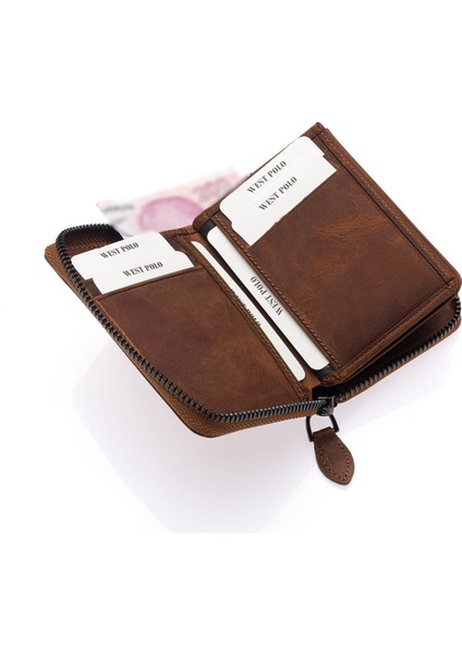 Hakiki Eskitme Deri Kağıt Para ve Bol Kart Bölmeli Fermuarlı Unisex Cüzdan - G2 Taba indirimleri