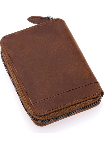Hakiki Eskitme Deri Kağıt Para ve Bol Kart Bölmeli Fermuarlı Unisex Cüzdan - G2 Taba