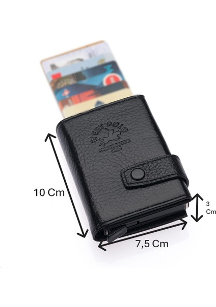 Hakiki Deri Mekanizmalı, Kağıt Para Bölmeli Fermuarlı Unisex Cüzdan Kartlık - Siyah