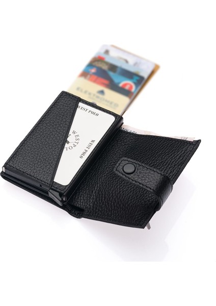 Hakiki Deri Mekanizmalı, Kağıt Para Bölmeli Fermuarlı Unisex Cüzdan Kartlık - Siyah modelleri