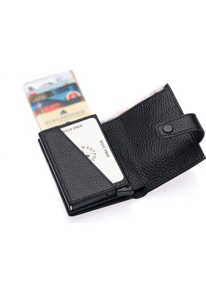 Hakiki Deri Mekanizmalı, Kağıt Para Bölmeli Fermuarlı Unisex Cüzdan Kartlık - Siyah fırsatları