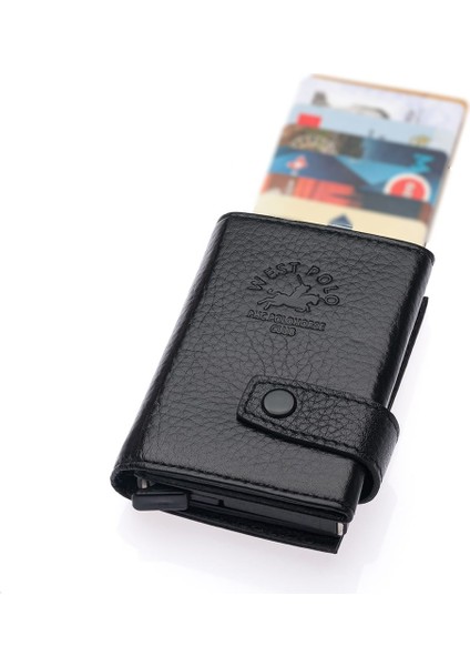 Hakiki Deri Mekanizmalı, Kağıt Para Bölmeli Fermuarlı Unisex Cüzdan Kartlık - Siyah
