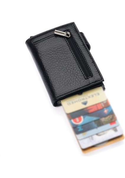 Hakiki Deri Mekanizmalı, Kağıt Para Bölmeli Fermuarlı Unisex Cüzdan Kartlık - Siyah