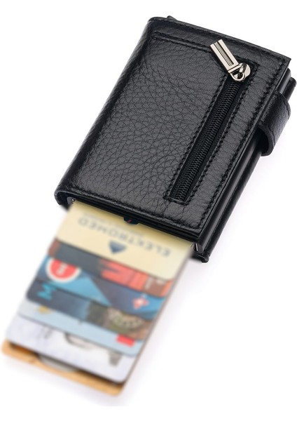 Hakiki Deri Mekanizmalı, Kağıt Para Bölmeli Fermuarlı Unisex Cüzdan Kartlık - Siyah