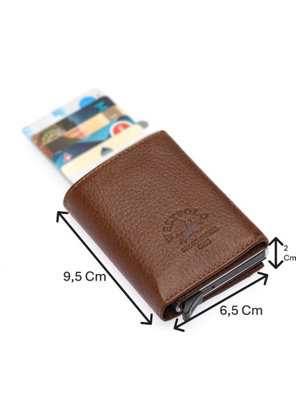 Mories Unisex Hakiki Guti Deri Kağıt Para Bölmeli ve Mekanizmalı Cüzdan Kartlık - Fındık