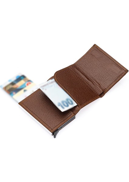 Mories Unisex Hakiki Guti Deri Kağıt Para Bölmeli ve Mekanizmalı Cüzdan Kartlık - Fındık modelleri