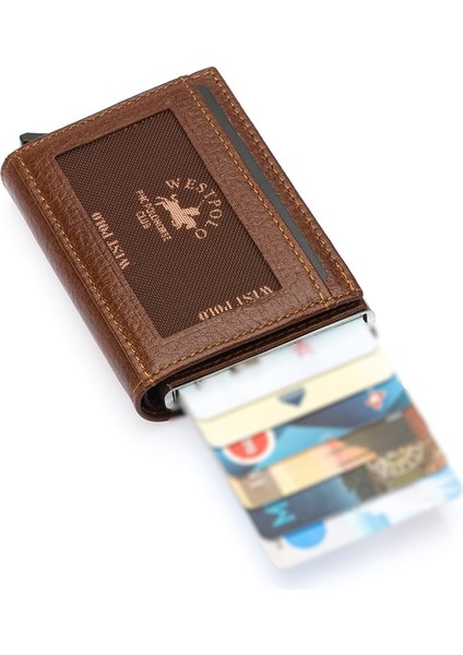 Mories Unisex Hakiki Guti Deri Kağıt Para Bölmeli ve Mekanizmalı Cüzdan Kartlık - Fındık