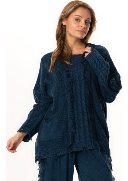 Uzun Kol Aylin Örgü Detaylı Bisiklet Yaka Sonbahar ve Kışlık Triko Bluz Lacivert Lcvt