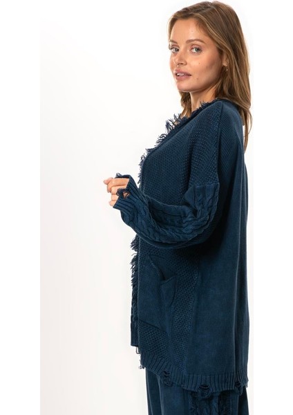 Uzun Kol Aylin Örgü Detaylı Bisiklet Yaka Sonbahar ve Kışlık Triko Bluz Lacivert Lcvt indirimleri