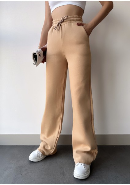 Kadın Bej Içi Polarlı Kışlık Bağcıklı Yüksek Bel Bol Paça Eşofman Altı