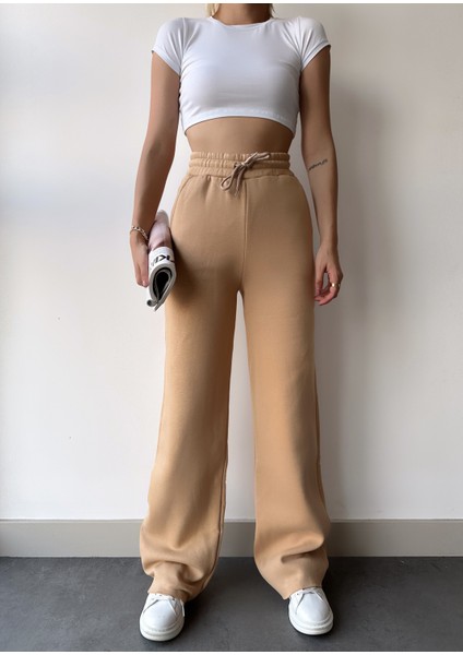 Kadın Bej Içi Polarlı Kışlık Bağcıklı Yüksek Bel Bol Paça Eşofman Altı modelleri