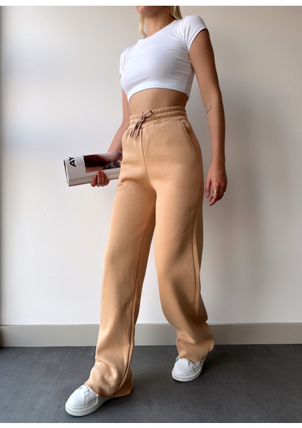 Kadın Bej Içi Polarlı Kışlık Bağcıklı Yüksek Bel Bol Paça Eşofman Altı fırsatları