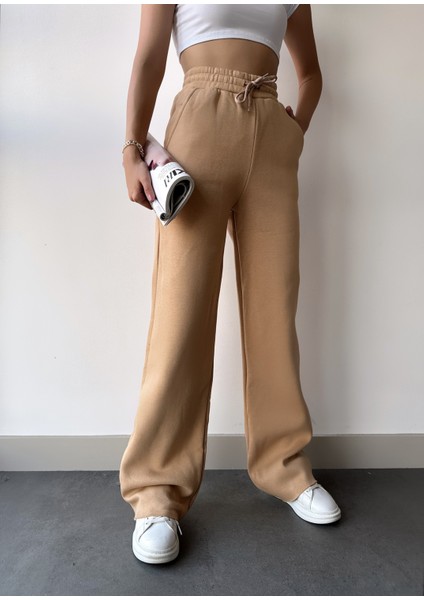 Kadın Bej Içi Polarlı Kışlık Bağcıklı Yüksek Bel Bol Paça Eşofman Altı