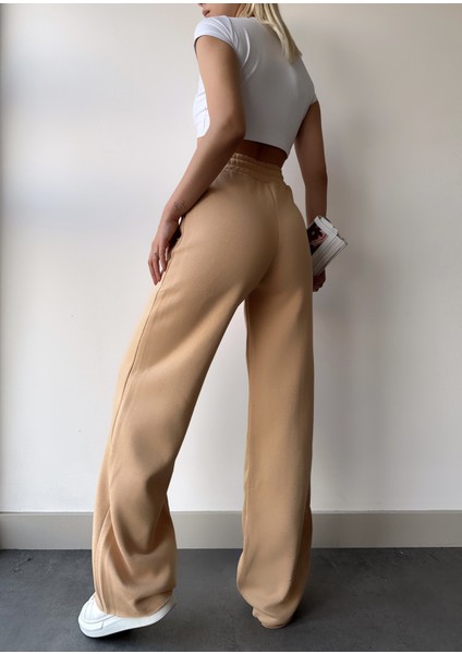 Kadın Bej Içi Polarlı Kışlık Bağcıklı Yüksek Bel Bol Paça Eşofman Altı