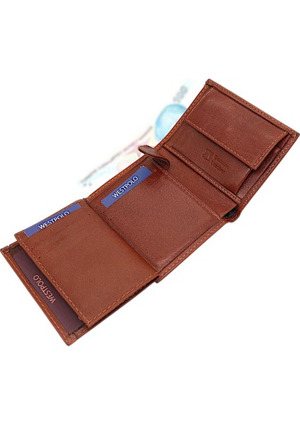 Kağıt Para ve Bozuk Para Bölmeli Hakiki Deri Erkek Cüzdanı - Taba indirimleri