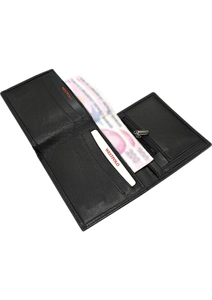Hakiki Deri Kağıt Para, Bozuk Para ve Kart Bölmeli Erkek Cüzdanı - Siyah fırsatları