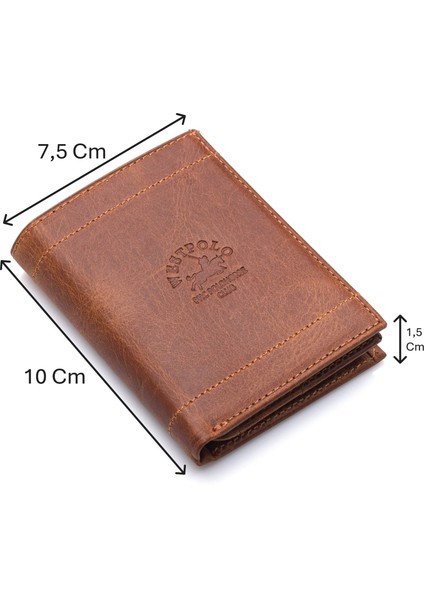 Hakiki Eskitme Deri Kağıt Para ve Kart Bölmeli Erkek Cüzdanı - Kızıl Taba