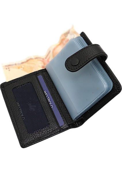 Hakiki Deri Kağıt Para ve Şeffaf Bol Kart Bölmeli Patlı Unisex Kartlık Cüzdan - Siyah modelleri