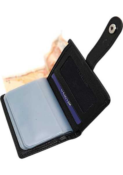 Hakiki Deri Kağıt Para ve Şeffaf Bol Kart Bölmeli Patlı Unisex Kartlık Cüzdan - Siyah indirimleri