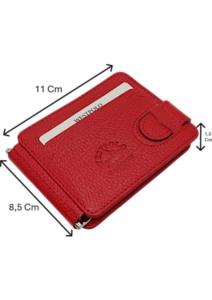 Hakiki Deri Çift Taraflı Kullanıma Uygun Kuşaklı Kağıt Para Klipsli Unisex Kartlık-Kırmızı