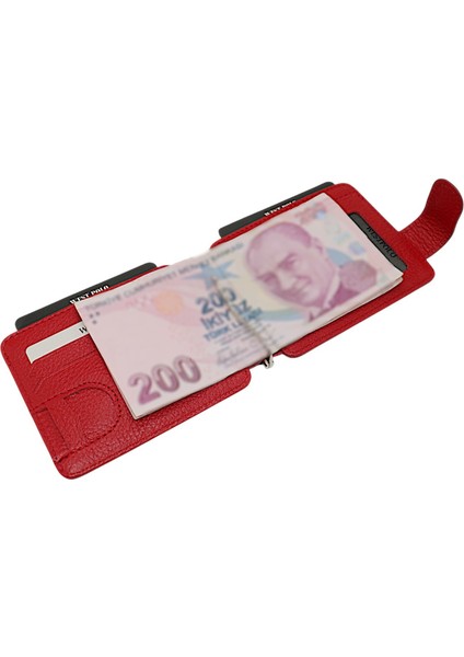 Hakiki Deri Çift Taraflı Kullanıma Uygun Kuşaklı Kağıt Para Klipsli Unisex Kartlık-Kırmızı fırsatları
