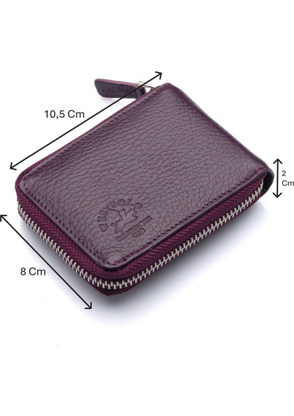 Hakiki Deri Kağıt Para ve Bol Şeffaf Kart Bölmeli, Fermuarlı Unisex Kartlık - Mürdüm