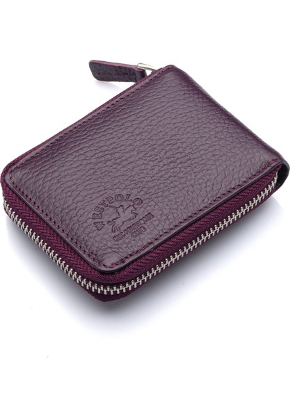 Hakiki Deri Kağıt Para ve Bol Şeffaf Kart Bölmeli, Fermuarlı Unisex Kartlık - Mürdüm fiyatları