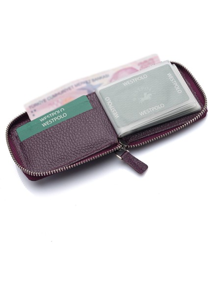 Hakiki Deri Kağıt Para ve Bol Şeffaf Kart Bölmeli, Fermuarlı Unisex Kartlık - Mürdüm modelleri