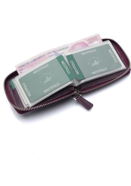 Hakiki Deri Kağıt Para ve Bol Şeffaf Kart Bölmeli, Fermuarlı Unisex Kartlık - Mürdüm fırsatları