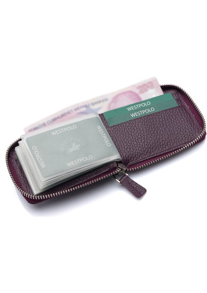Hakiki Deri Kağıt Para ve Bol Şeffaf Kart Bölmeli, Fermuarlı Unisex Kartlık - Mürdüm indirimleri