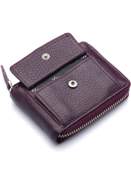 Hakiki Deri Kağıt Para ve Bol Şeffaf Kart Bölmeli, Fermuarlı Unisex Kartlık - Mürdüm