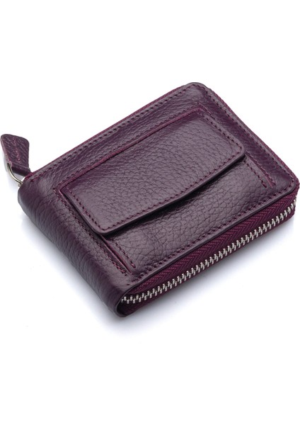 Hakiki Deri Kağıt Para ve Bol Şeffaf Kart Bölmeli, Fermuarlı Unisex Kartlık - Mürdüm