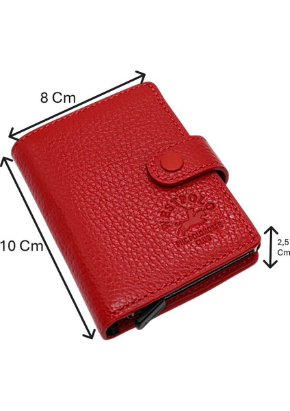 Grimm Bozuk Para ve Bol Kart Bölmeli Unisex Hakiki Deri Mekanizmalı Kartlık - Kırmızı