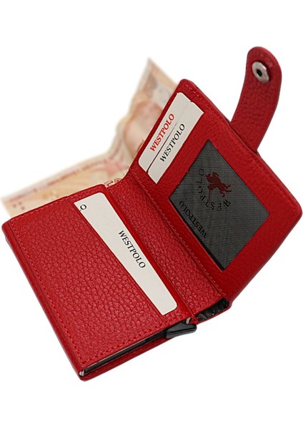 Grimm Bozuk Para ve Bol Kart Bölmeli Unisex Hakiki Deri Mekanizmalı Kartlık - Kırmızı fırsatları